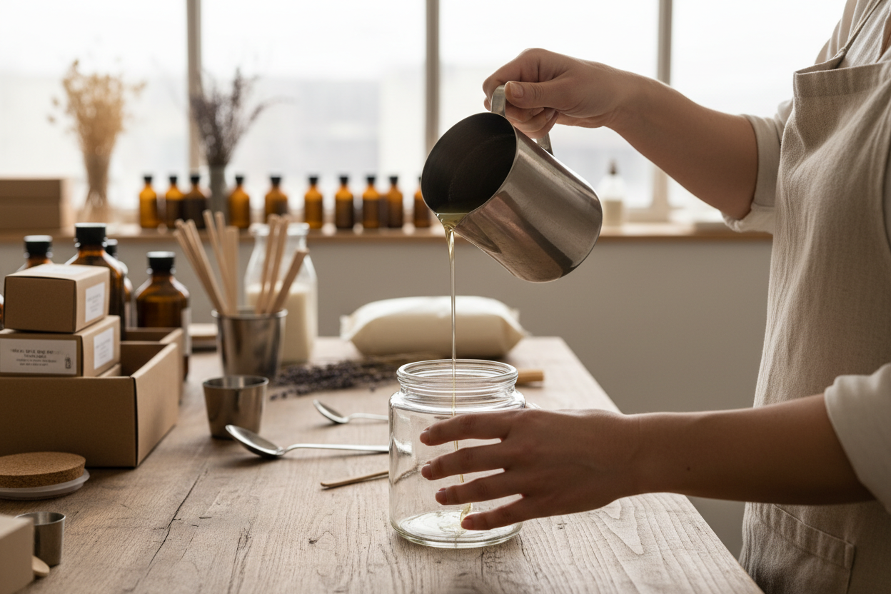 Artisan candle being hand-poured in studio