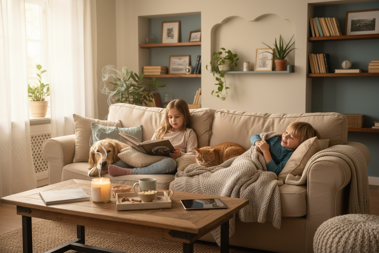 Family relaxing in lounge with candle aroma